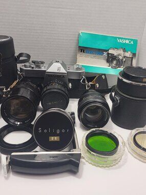 Complete Vintage Yashica 35mm Film Camera Bundle w/ 4 Lenses, Grip & Cases